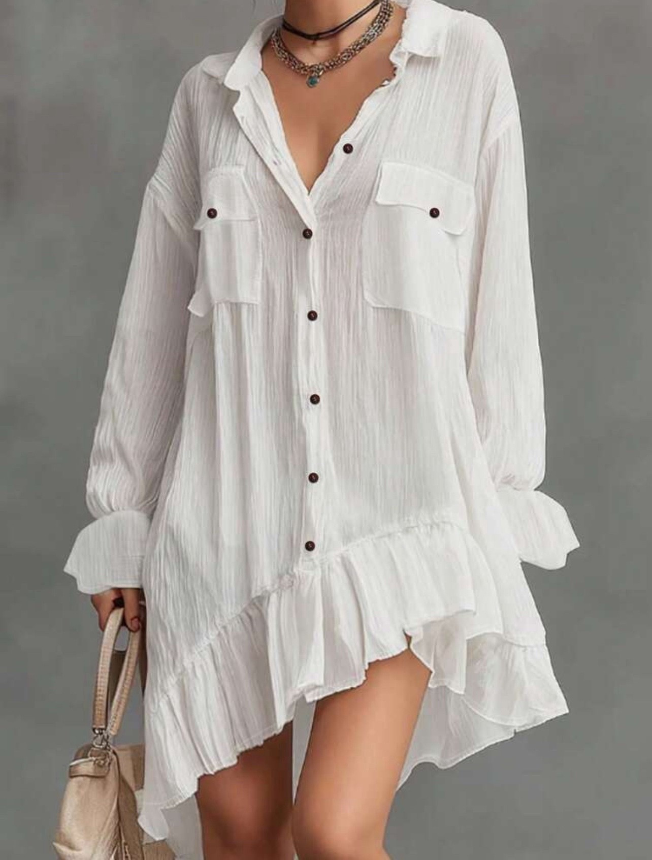 Balvessa New Arrival Spring/Summer Elegant & Comfortable Front Button Ruffle Hem Dress