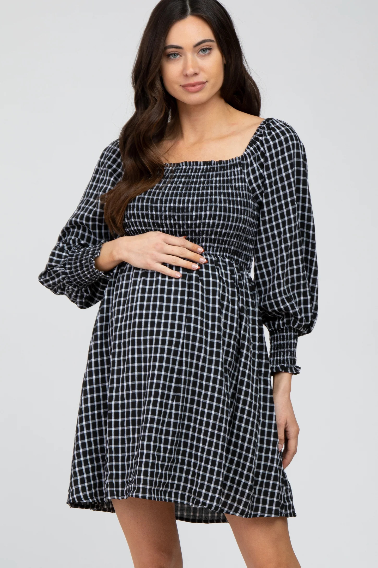 Black Plaid Smocked Maternity Dress | PinkBlush Maternity