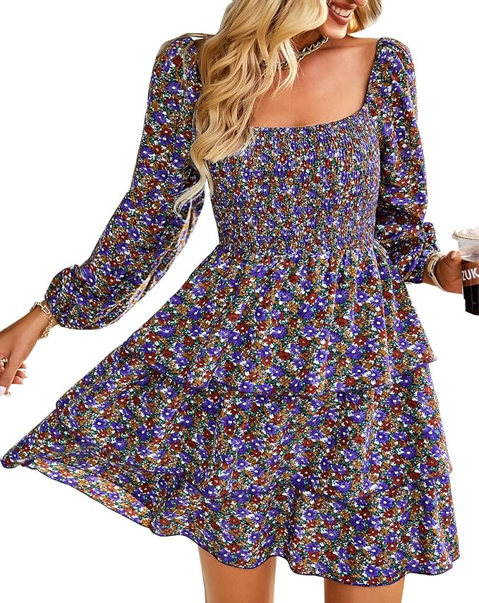 BTFBM Women Square Neck Smocked Summer Fall Dresses 2023 Long Sleeve Floral Swiss Dot Ruffle Part... | Amazon (US)