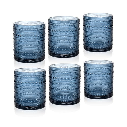JPPSUJJ Cocktail Glasses 10 oz Hobnail Drinking Glasses Set of 6, Vintage Glassware, Textured Glass Cups Bubble Glasses Water Glasses Old Fashion Jupiter Glasses Set, Blue | Amazon (US)
