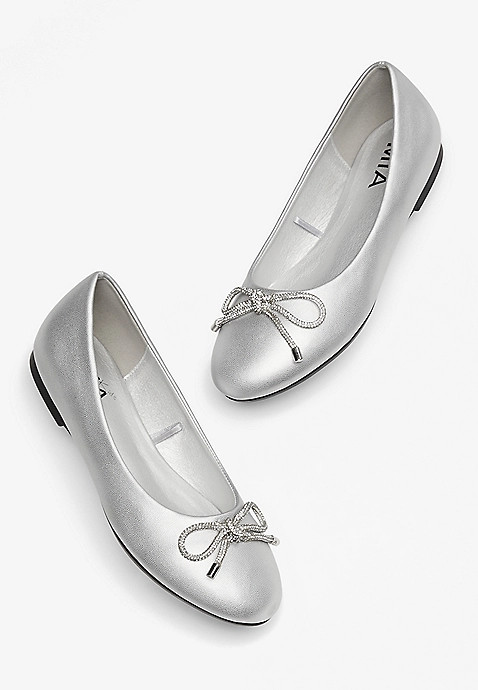 Girls Mia™ Silver Rhinestone Bow Ballet Flat | Maurices