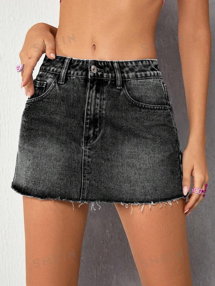 SHEIN ICON Raw Hem Denim Skirt | SHEIN