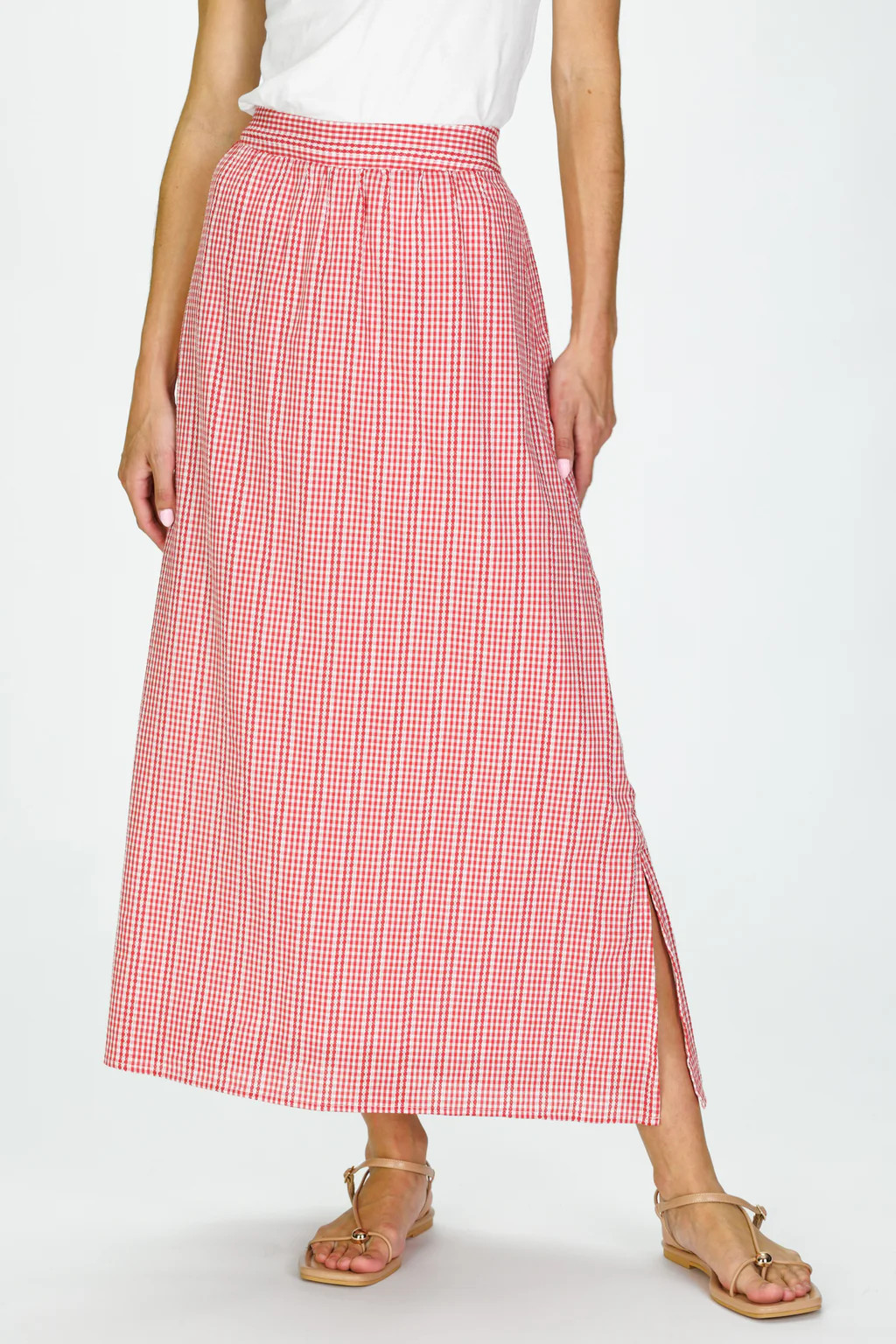 Mira Midi Skirt in Red Stitched Gingham | Duffield Lane