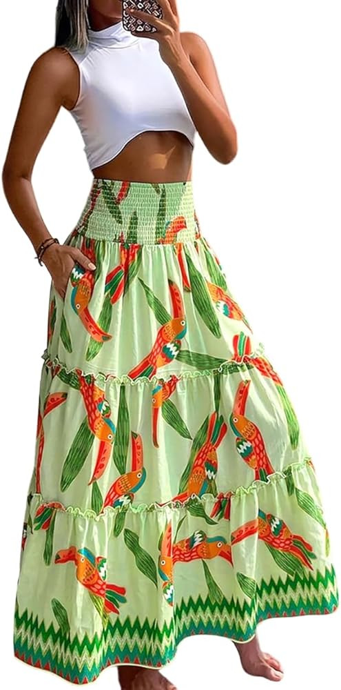CHICME Women's Boho Floral Maxi Skirt Summer Casual Shirred High Waist Flowy Long Skirt with Pock... | Amazon (US)