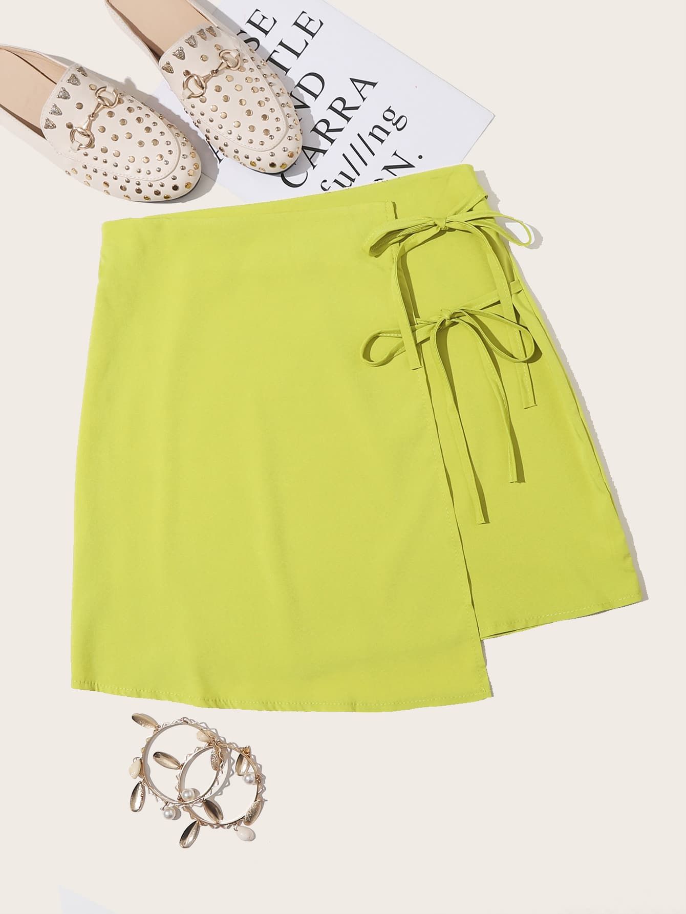 Neon Lime Tie Side Wrap Skirt | SHEIN
