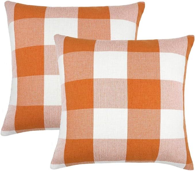 Amazon.com: Set of 2 Farmhouse Buffalo Check Plaid Throw Pillow Covers Cushion Case Polyester Lin... | Amazon (US)