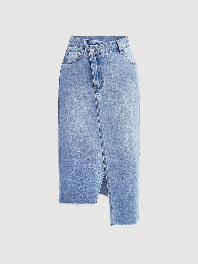 SHEIN MOD Women's Denim Skirt, Casual & Sexy Front Slit Asymmetrical Hemline, Blue | SHEIN