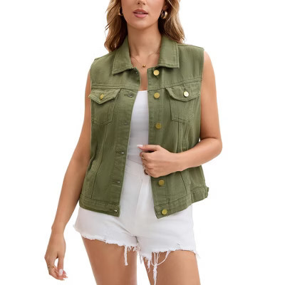 INSPIRE CHIC Women's Sleeveless Turndown Collar Button-Down Chest Flap Pockets Washed Denim Vest XX-Large Army Green | Target