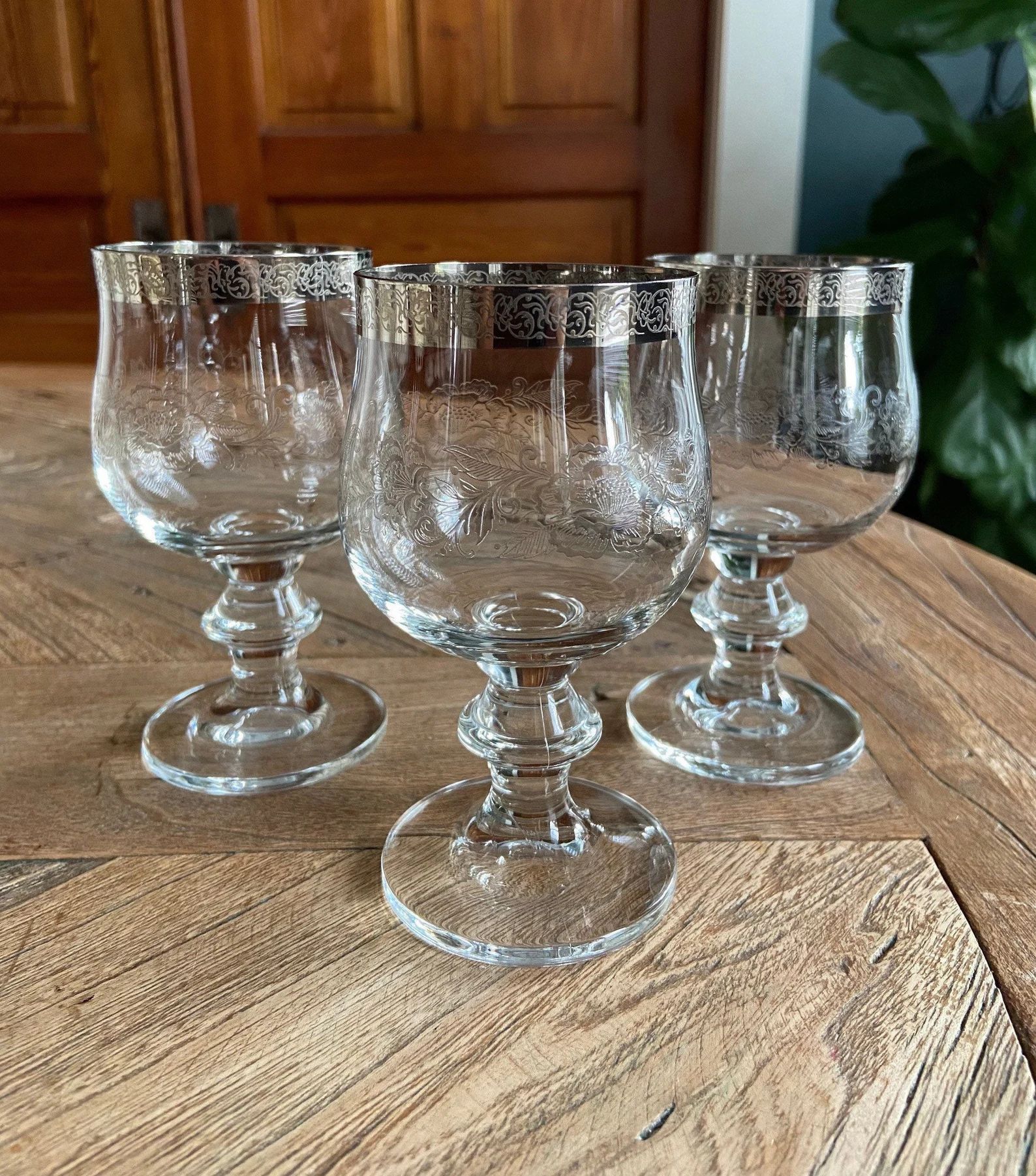 Vintage Etched Glass Wine Glasses With Silver Rims | Etsy (US)