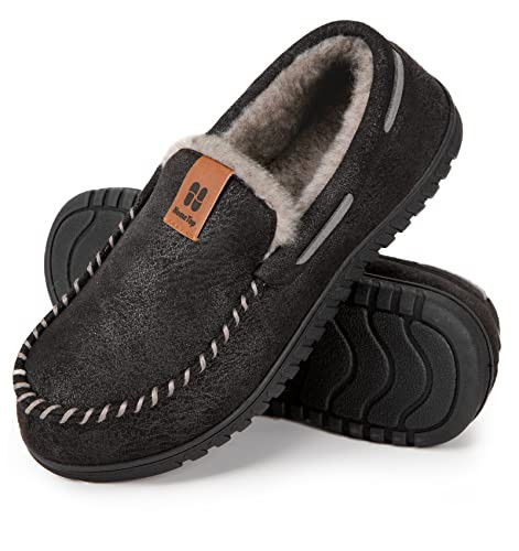 HomeTop Men's Moccasin Slippers Soft Faux Suede Plush Warm Lining Memory Foam Indoor House Shoes with Anti-Skid Sole (12, Black) | Amazon (US)