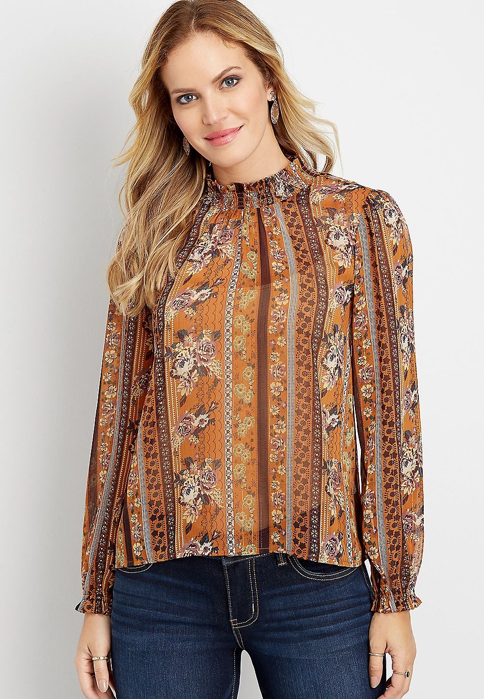 metallic floral high neck sheer blouse | Maurices