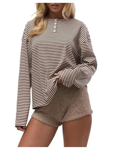 SOLY HUX Women's Striped Long Sleeve T Shirts Henley Tops Crew Neck Button Classic Tees Fall Clothes Brown Striped Large | Amazon (US)