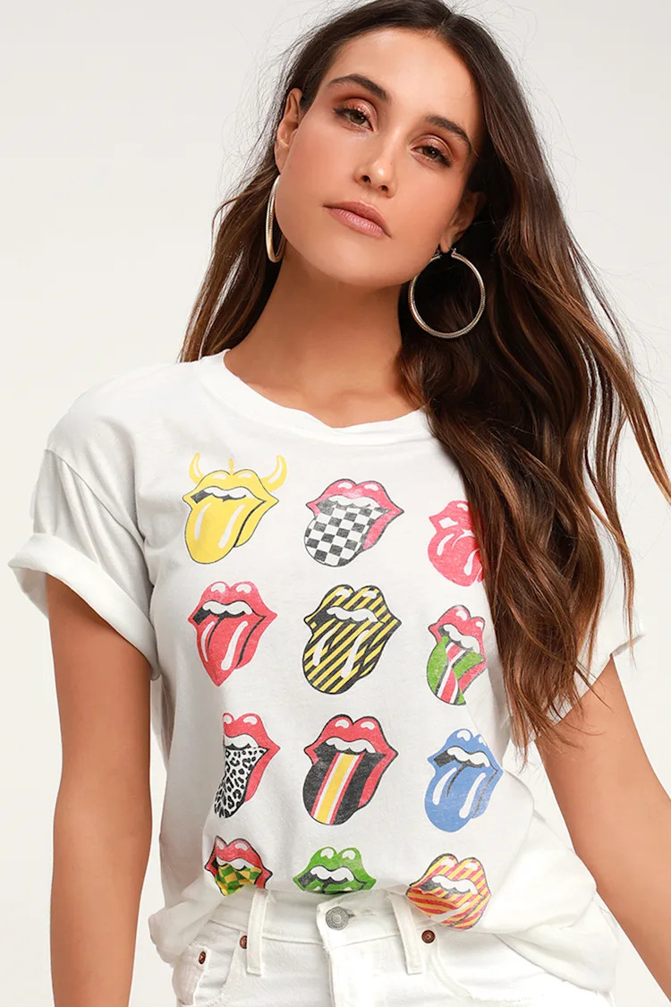 Rolling Stones 12 Tongues White Boyfriend Tee | Lulus (US)