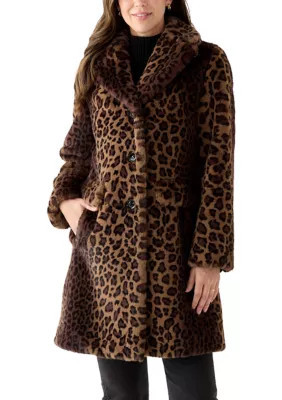 JONES NEW YORK Women's Spotted Leopard Print Faux Fur Coat, Medium | Belk