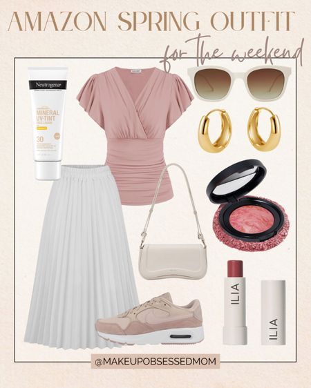 Here is an outfit idea for the weekend that you can copy for spring! A pastel pink top, white pleated skirt, pastel sneakers, and white handbag! 
#fashioninspo #amazonfinds #springfaves #midlifestyle

#LTKbeauty #LTKitbag #LTKstyletip