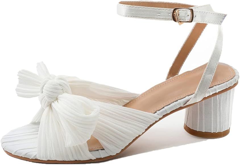 SJGOSTE Women's Heeled Sandals Pleated Bow Knot Open Toe Ankle Strap Chunky Heels Sandals Bridal Wed | Amazon (CA)