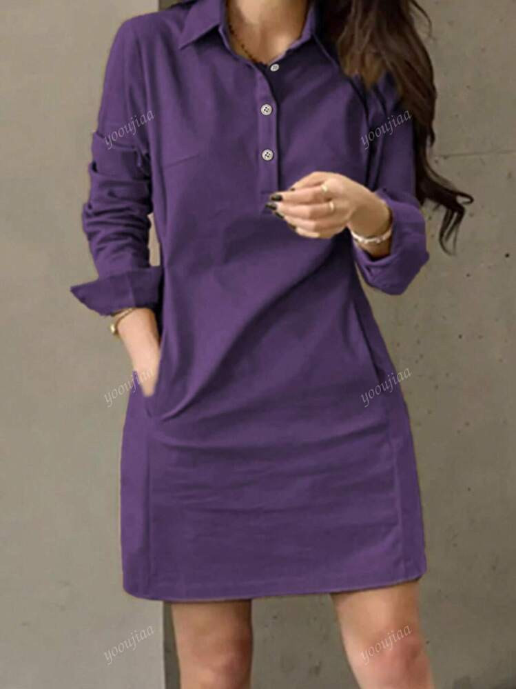 Spring And Autumn New Style Fashion Casual Lapel Button Decoration Long Sleeve Women's Short Dress | SHEIN