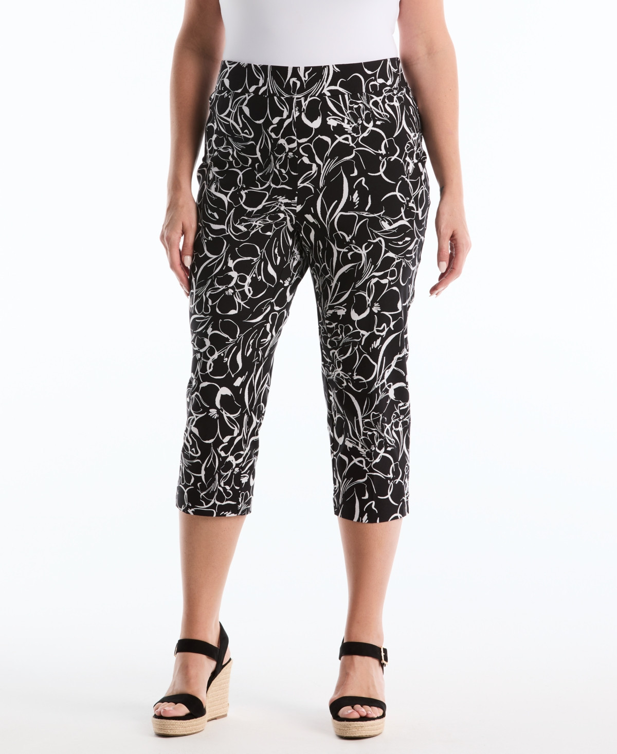 Rafaella Plus Size Hibiscus Printed Pull-On Capri Pants - White | Macy's