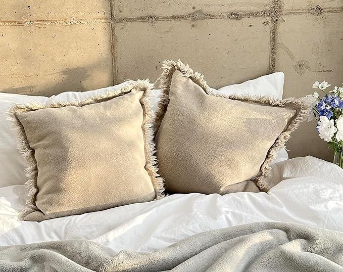 Decorative 100% Linen Boho Throw Pillow Covers 18 × 18 Set of 2 - Natural Beige Neutral Throw Pi... | Amazon (US)