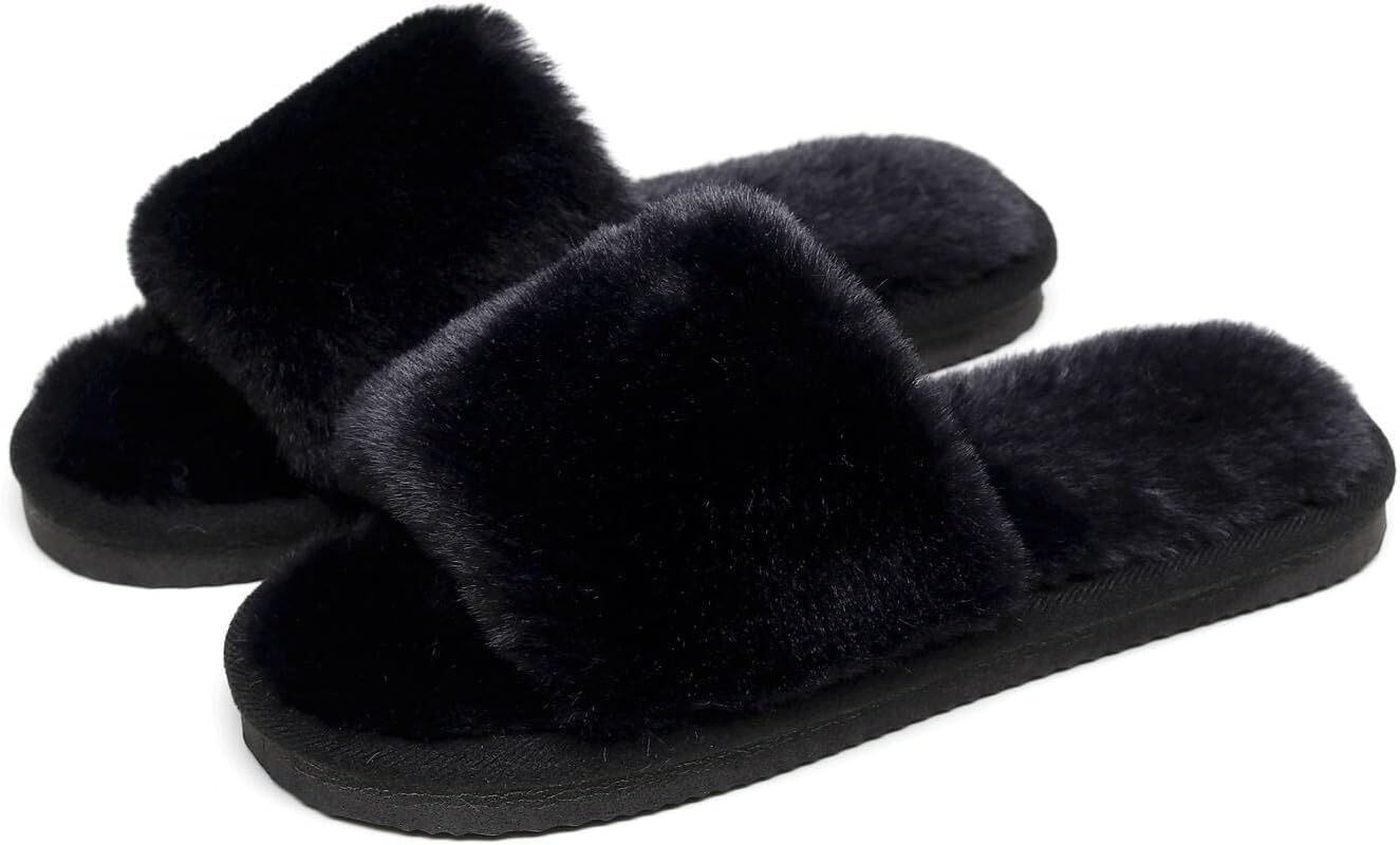 Women's Fuzzy Fluffy Furry Fur Slippers Flip Flop Open Toe Cozy House Memory Foam Sandals Slides ... | Amazon (US)