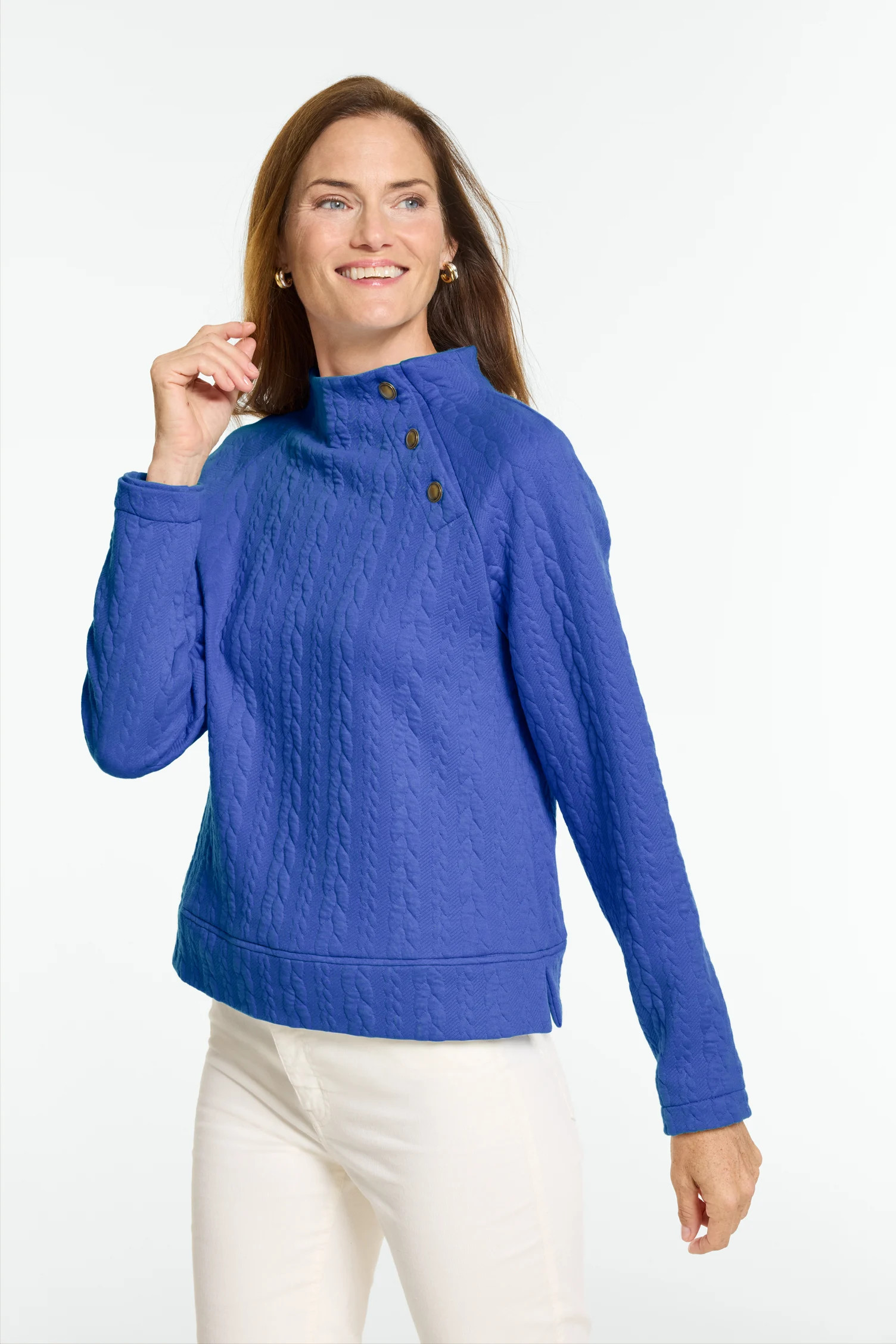 Cable Knit Button Shoulder Sweatshirt | Talbots