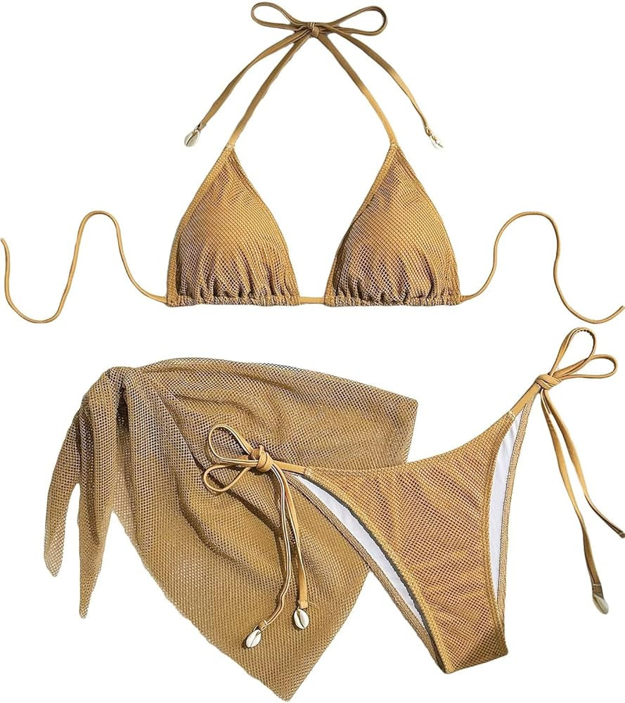 Women's Fishnet Triangle Bathing Suit High Waisted Halter Summer Swimsuit Bikini Set 3 Piece | Amazon (US)