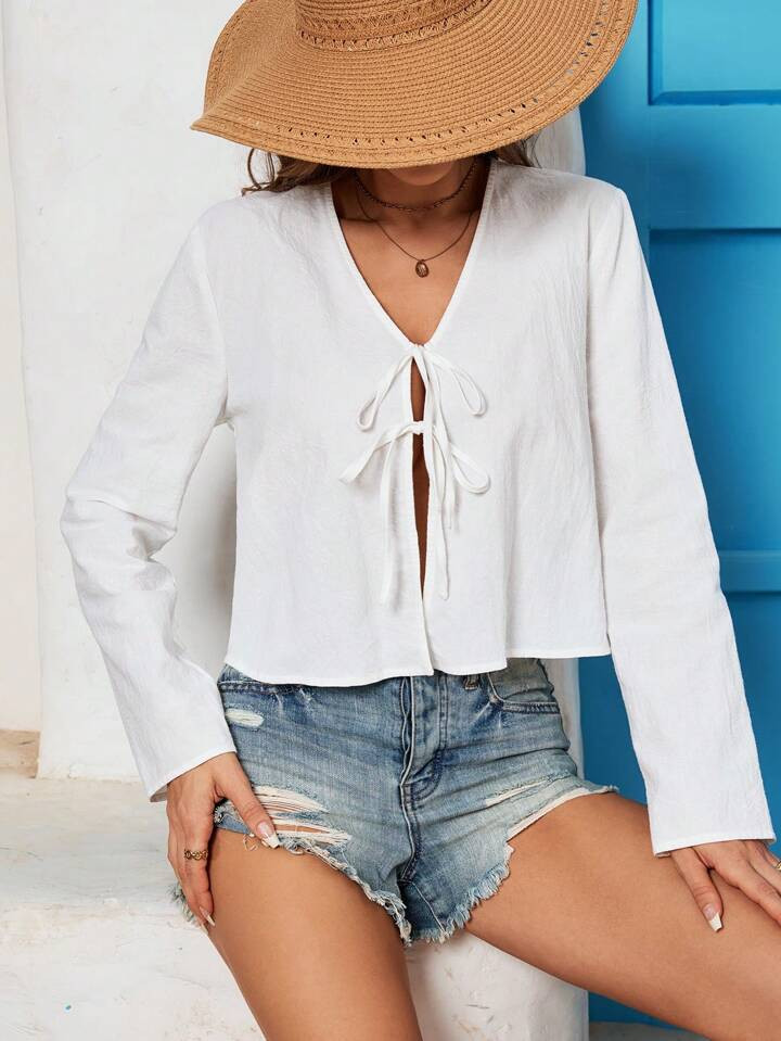 SHEIN VCAY Casual Solid Color Woven V-Neck Regular Fit Loose Long Sleeve Bow Tie Women's Shirt Wi... | SHEIN