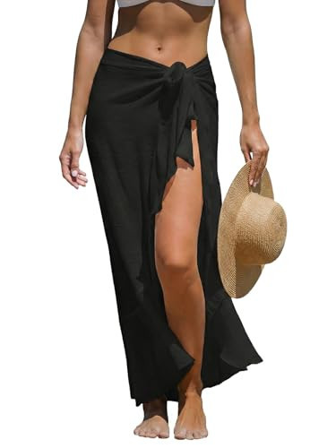 CUPSHE Women Sarong Coverups Chiffon Ruffle Self Tie Sarong Wraps Skirt Beach Sarongs for Swimwear Black | Amazon (US)