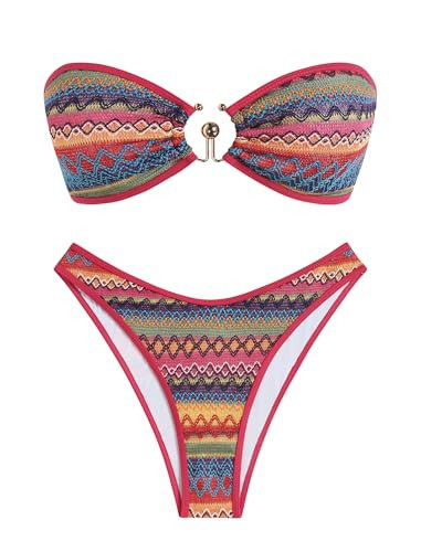 ZAFUL Women's Colorblock Stripes Bikini Sets Cheeky Boho Geo Print Color O Ring Bandeau Bathing Suit for Beach Holiday (Boho Wine Red M) | Amazon (US)