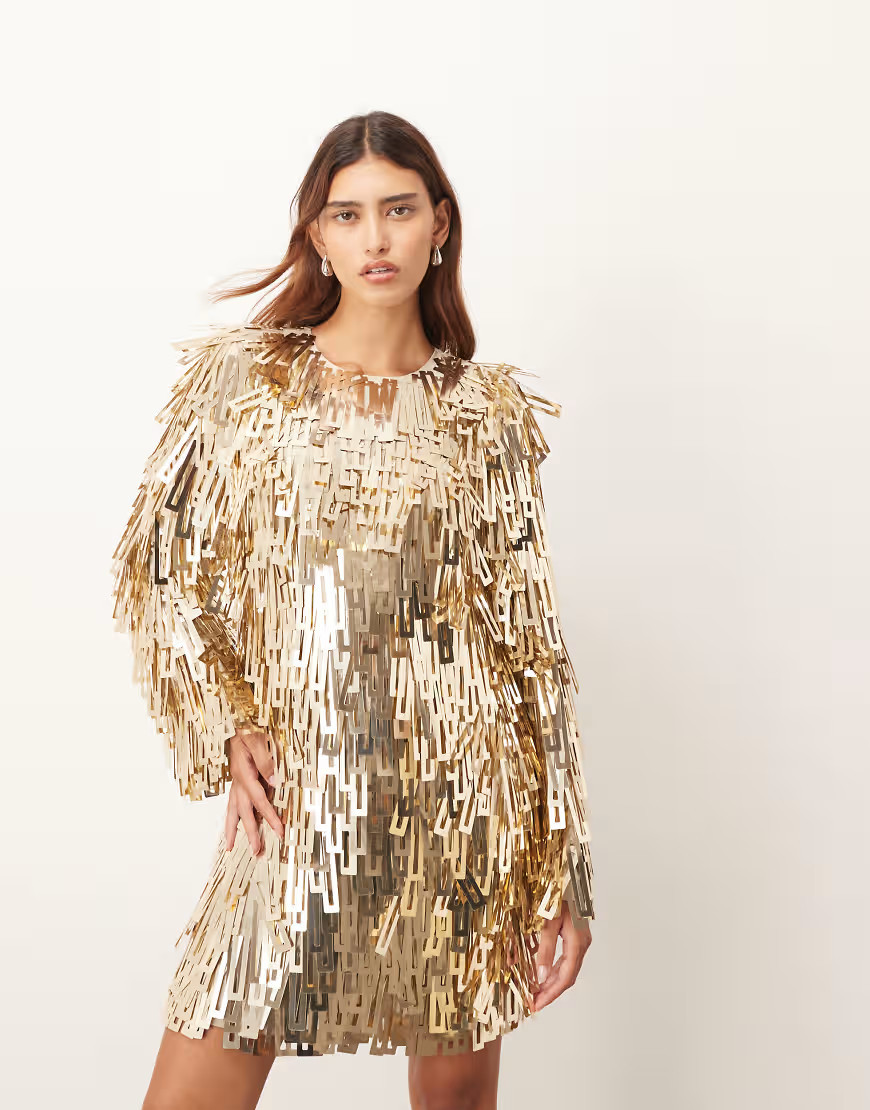 ARRANGE – Verziertes langärmeliges Minikleid aus goldfarbenen Paillettenfransen | ASOS (Global)