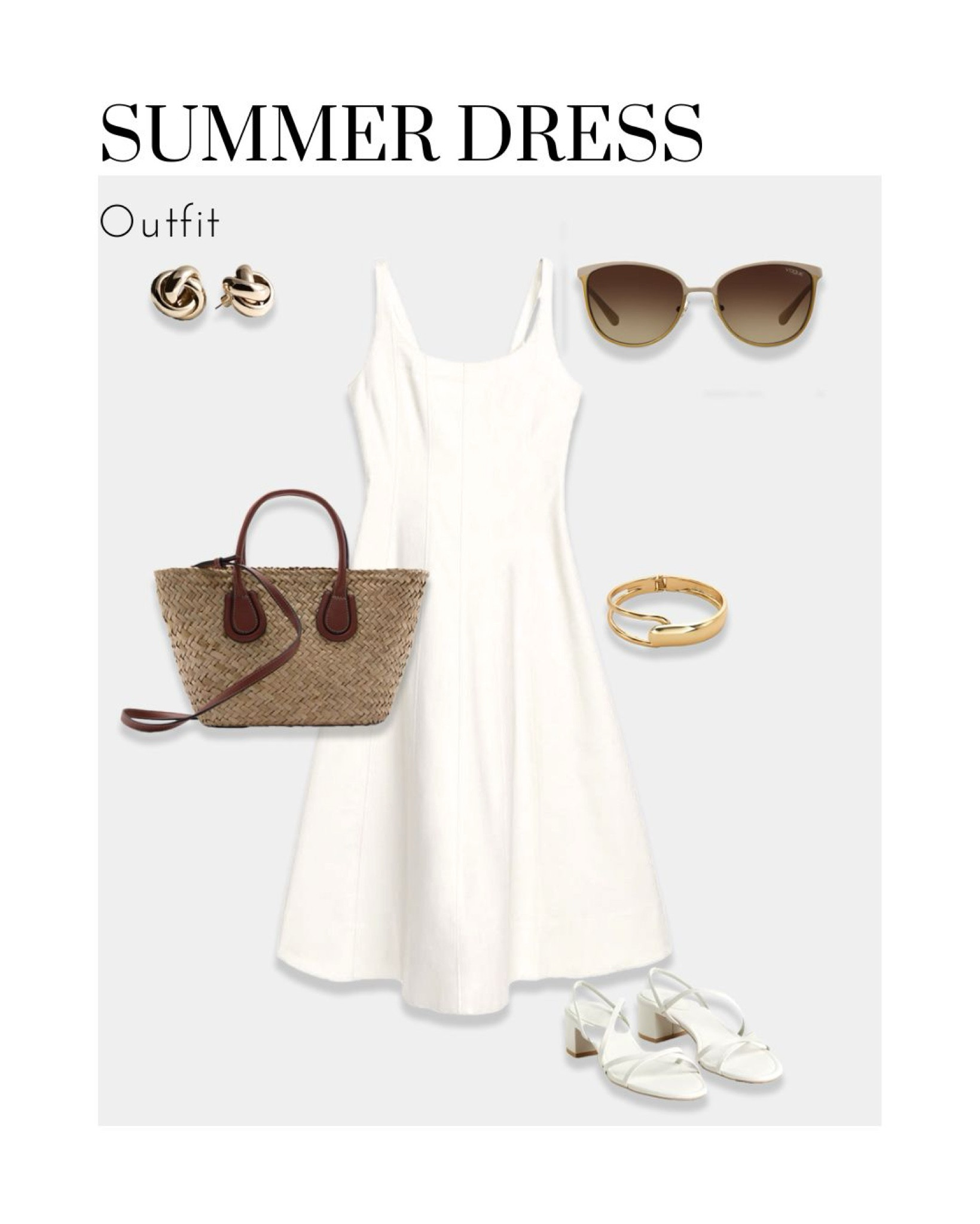 This breezy, sophisticated piece features a flattering silhouette and light, breathable fabric perfect for warm weather. Pair it effortlessly with chic white strappy sandals for a sleek look, and carry a raffia bag to add a touch of natural texture. Complete your ensemble with golden earrings and a matching bracelet for a hint of glamour, and shield your eyes stylishly with brown sunglasses. This outfit is ideal for daytime outings, offering a perfect blend of comfort and sophistication.

#SummerStyle #ArketDress #WhiteDress #StrappySandals #RaffiaBag #GoldenJewelry #SummerAccessories #BrownSunglasses #ChicOutfit #SummerElegance #WarmWeatherFashion

#LTKsummer #LTKuk
