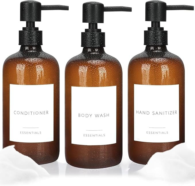 Shower Soap Dispenser Set of 3 Plastic 21oz Shampoo and Conditioner Bottles with Pump and Labels ... | Amazon (US)