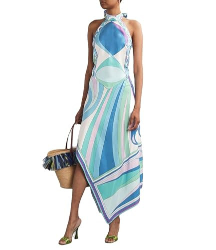 RISCUYY Vacation Outfits for Women Printed Satin Halter Tops and Irregular Skirts Sexy Giong Out Clothes Blue | Amazon (US)