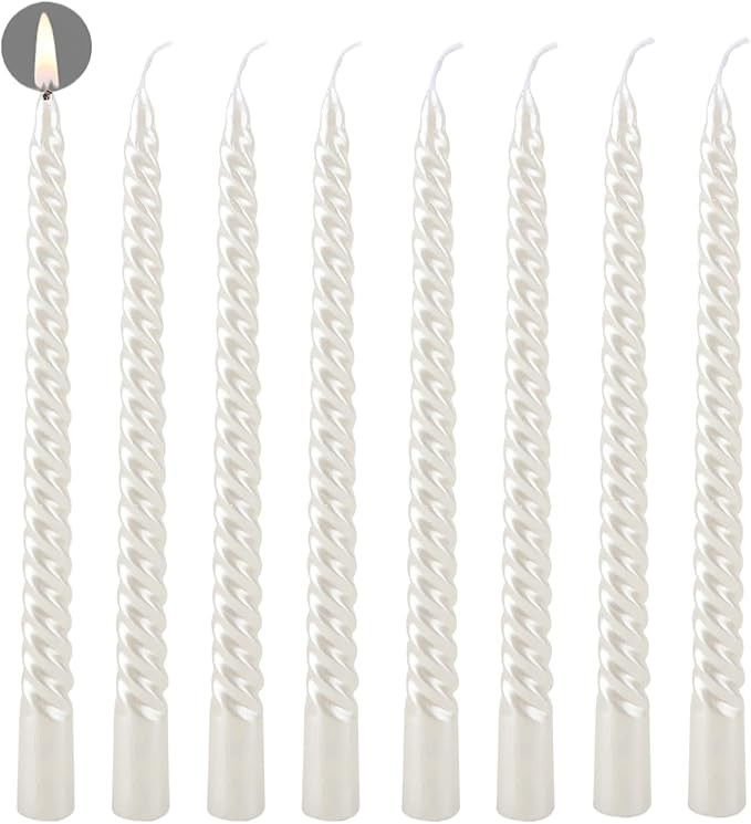 10 inch Spiral White Taper Candles Set of 8,Elegant Glossy Metal Style Ture Dripless Candles,8 hr... | Amazon (US)
