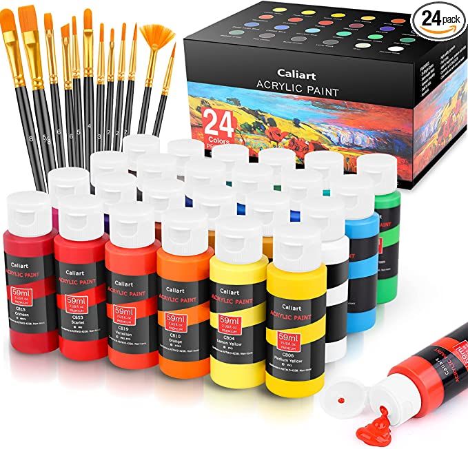 Caliart Acrylic Paint Set With 12 Brushes, 24 Colors (59ml, 2oz) Art Craft Paints for Artists Kid... | Amazon (US)
