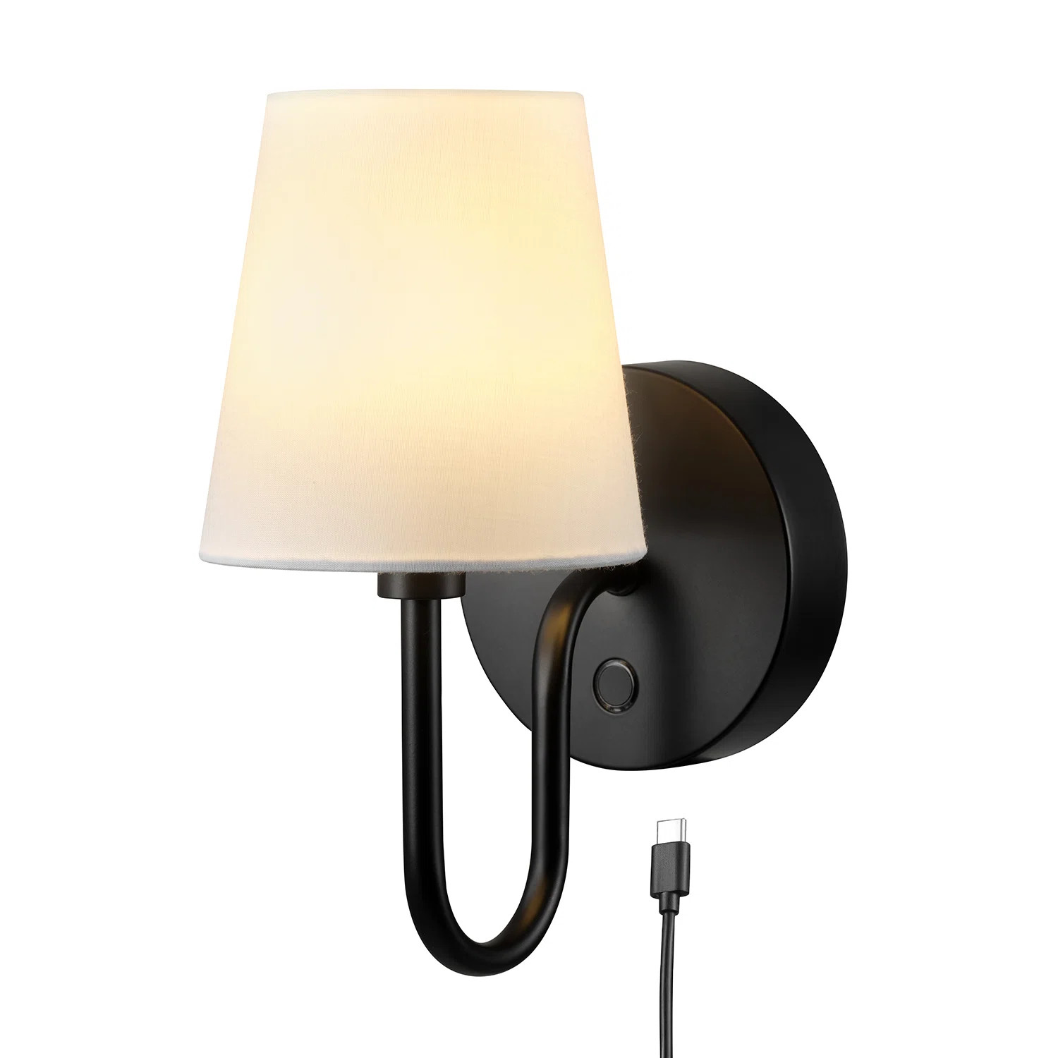1.8W LED Integrated Matte Black Rechargeable Battery Wall Sconce with White Fabric Shade and USB-... | Wayfair North America