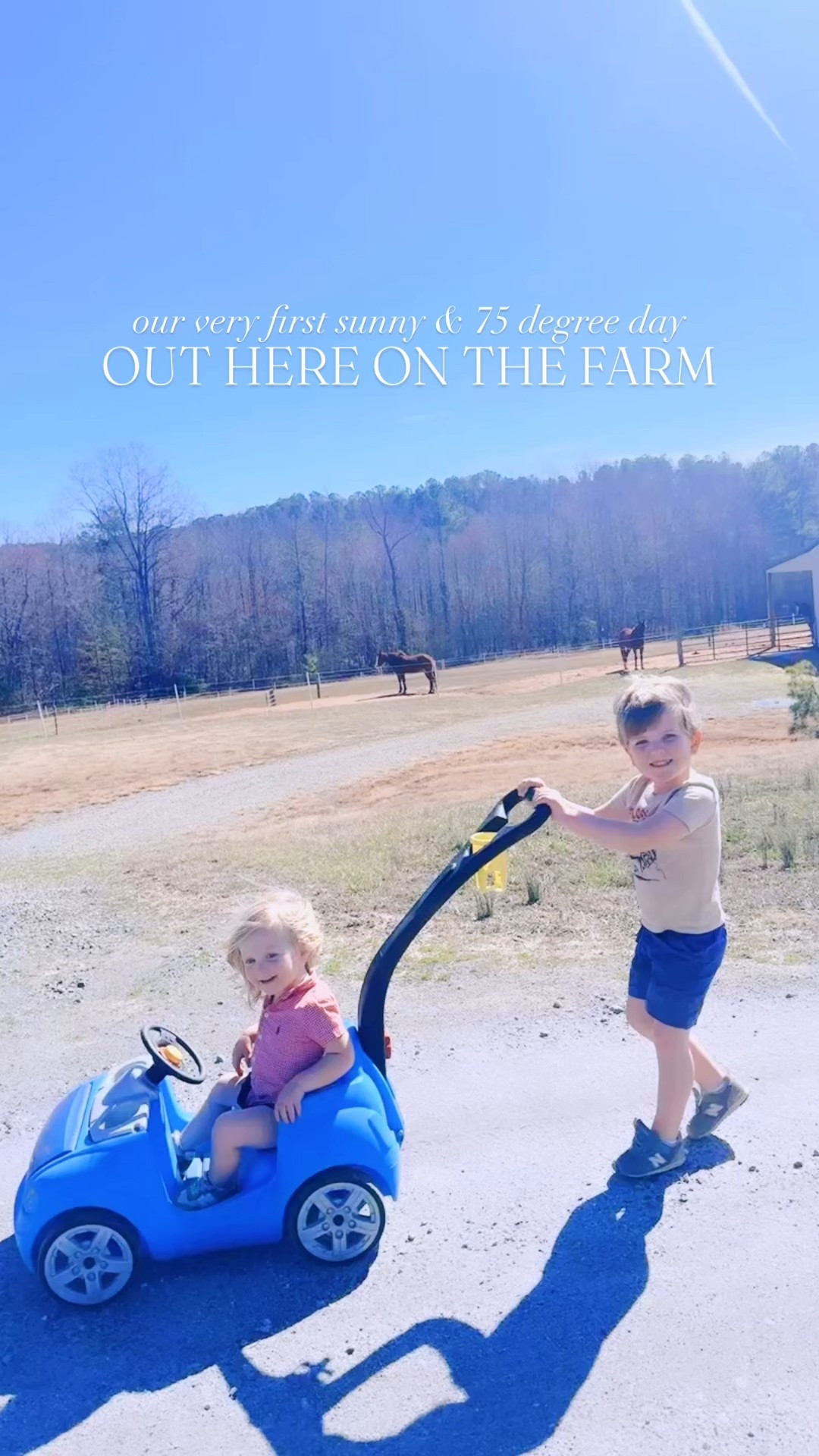 Our first sunny 😎 and 75 degree day ☀️ out on the farm 🚜🌾🤠 and we’ve been soaking it uppppp!!!! 🌞 #sunnyand75 #thisweatheryall #sunnyandhappy 

Picking wildflowers 🌼 by the barn🪻, going on a long walk on the dirt roads 🌾 around our house 🏡 (and saying hi 👋🏼 to all the horsies 🐴), and even had a picnic 🧺 lunch in the backyard!! 🌳🫏 #wildflowersandbabies 

These are the days I always dreamed of 💭 and this weather 🙌🏽 is making my absolutely giddy 🤭 for our very first spring 🌸 and summer 🍉 here on the land!! 🌻 Sunshine ☀️ is my favorite thing in the world 😍 and my heart is so full!!! 🥰🫶🏽 #sunshinelovers

#LTKKids #LTKmomlife #LTKHome