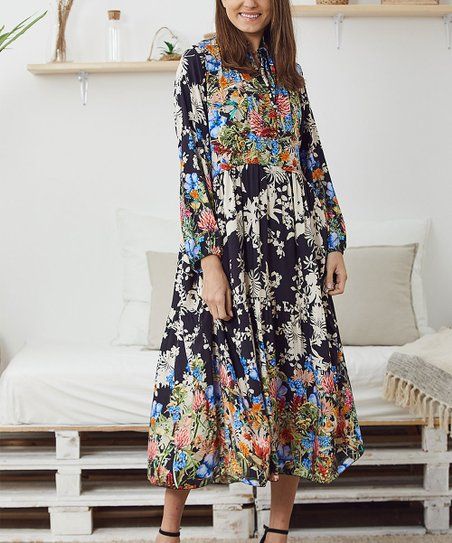 Black & White Floral Long-Sleeve Midi Dress - Women | Zulily