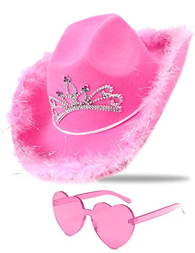 JICASTO Cowboy Hat Pink Cowgirl Hat with Sequins & Tiara Crown for Women Rodeo Party Hats with Heart Glasses | Amazon (US)