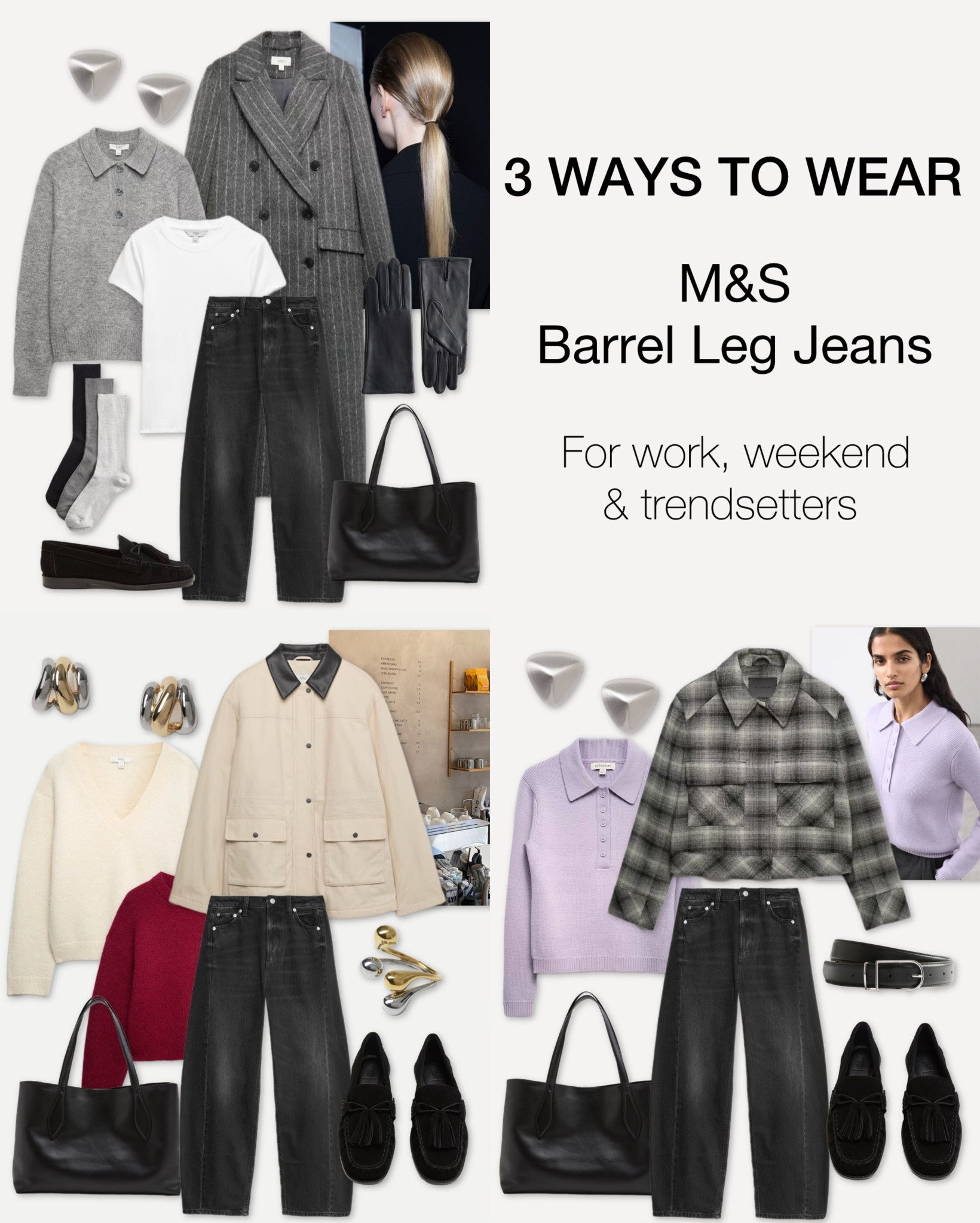 3 ways to style the Marks & Spencer barrel leg jeans 👉🏼 for the office, the weekend and the trendsetter.

Black jeans, loafers and a leather tote bag are 3 of my go to winter capsule wardrobe staples, so I have included these in all 3 winter outfits styling my favourite M&S new in picks - from the gorgeous pinstripe long coat to the red sweater and the lilac purple merino polo knit - a 2026 fashion trend colour we will be seeing more of on the high street!

Workwear - M&S - ways to wear - denim jeans - 2026 fashion 

Which look is your favourite? 

#LTKjeans #LTKshoes #LTKuk