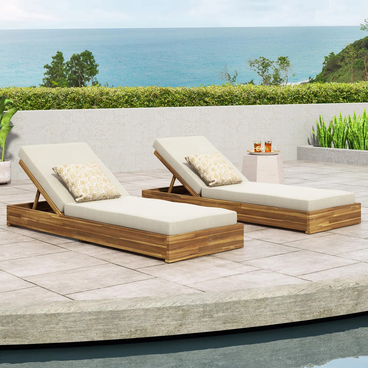 Leite Outdoor Acacia Wood Chaise Lounge Set , Cushion Included (Set of 2) | Wayfair North America