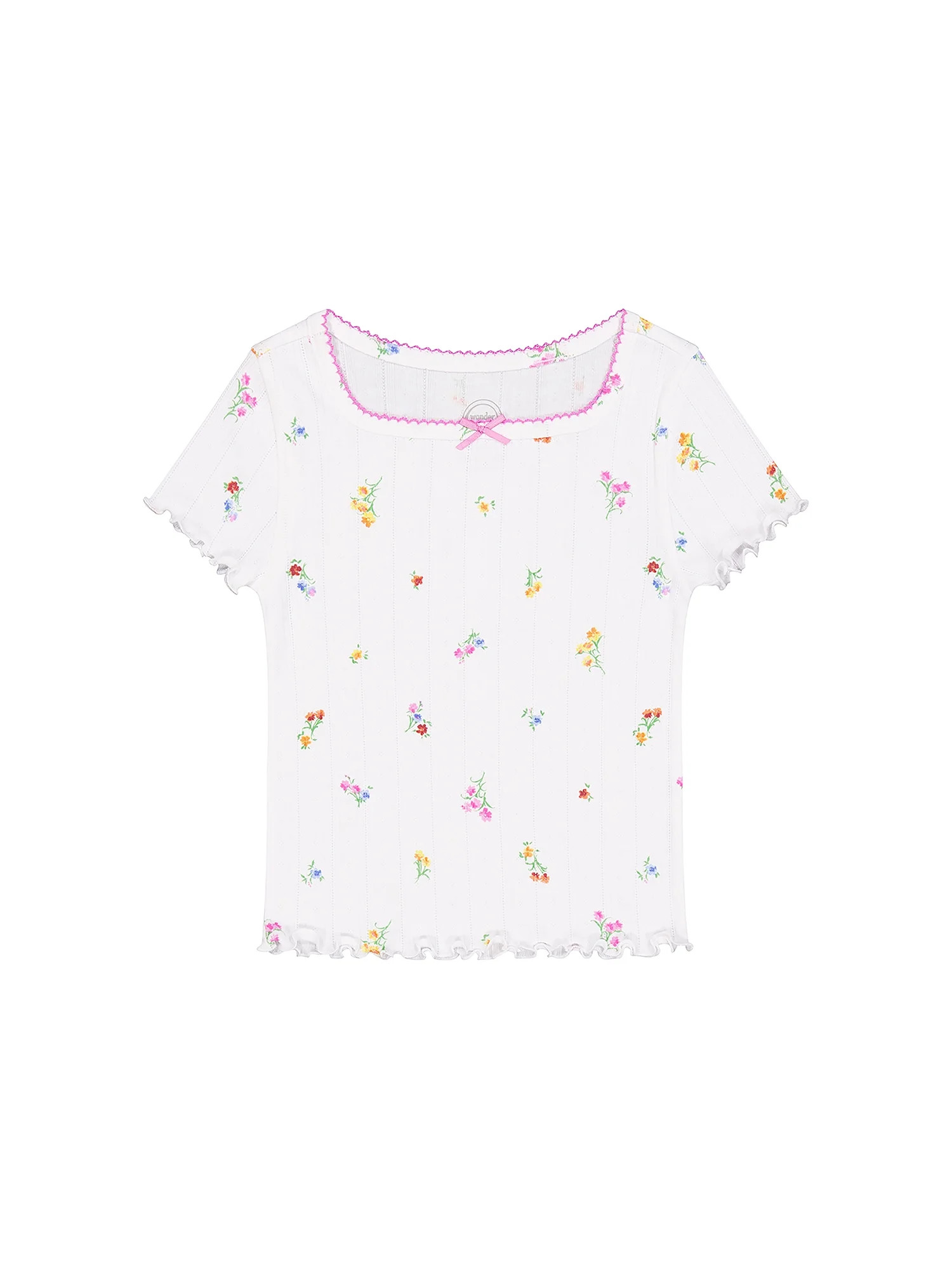 Wonder Nation Girls Short Sleeve Pointelle Trim Shirt, Sizes 4-18 & Plus | Walmart (US)