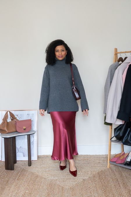 Red and grey Valentine’s Day look - grey poloneck knit and red / burgandy satin skirt



#LTKover40 #LTKeurope #LTKstyletip