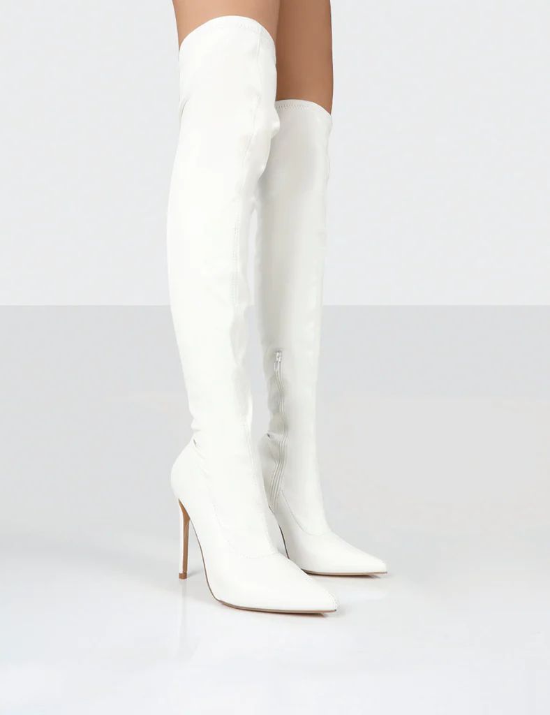 Confidence White Stiletto Heeled Over The Knee PU Boots | Public Desire (US & CA)