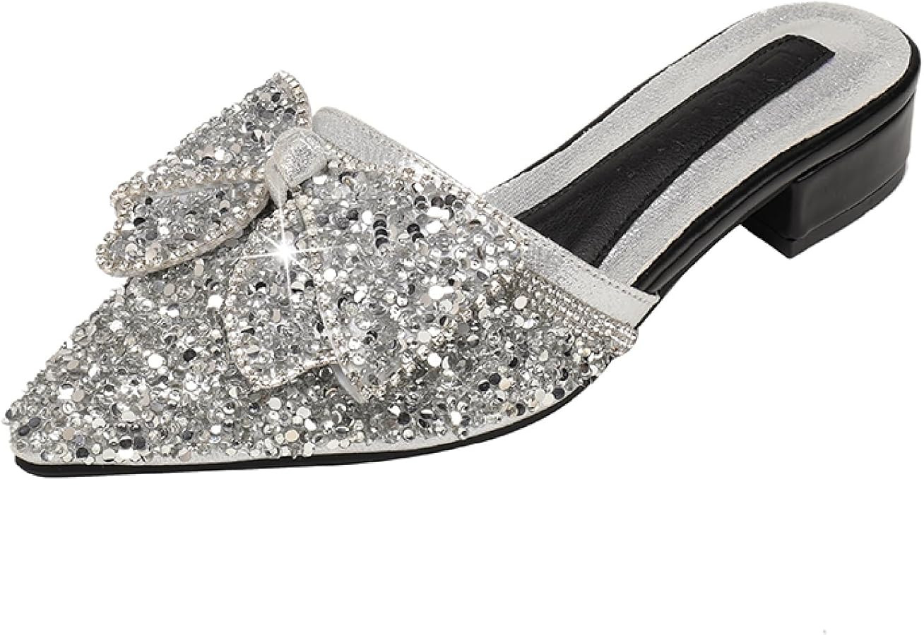 Women's Shiny Rhinestone Bow Chunky Heels Mules Fashion Comfortable Closed Pointed Toe Slip On Lo... | Amazon (US)