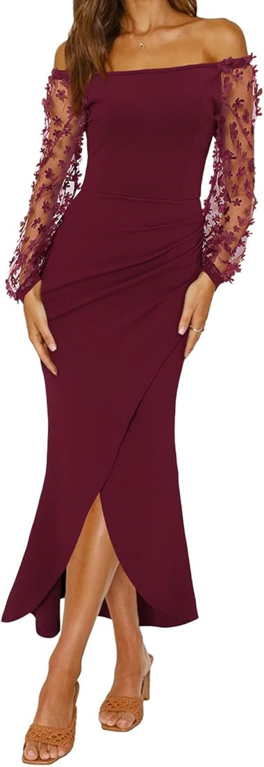 BTFBM Women Elegant Off Shoulder Dresses Sheer Long Sleeve Mesh Ruched Wrap Split Bodycon Maxi Cockt | Amazon (US)