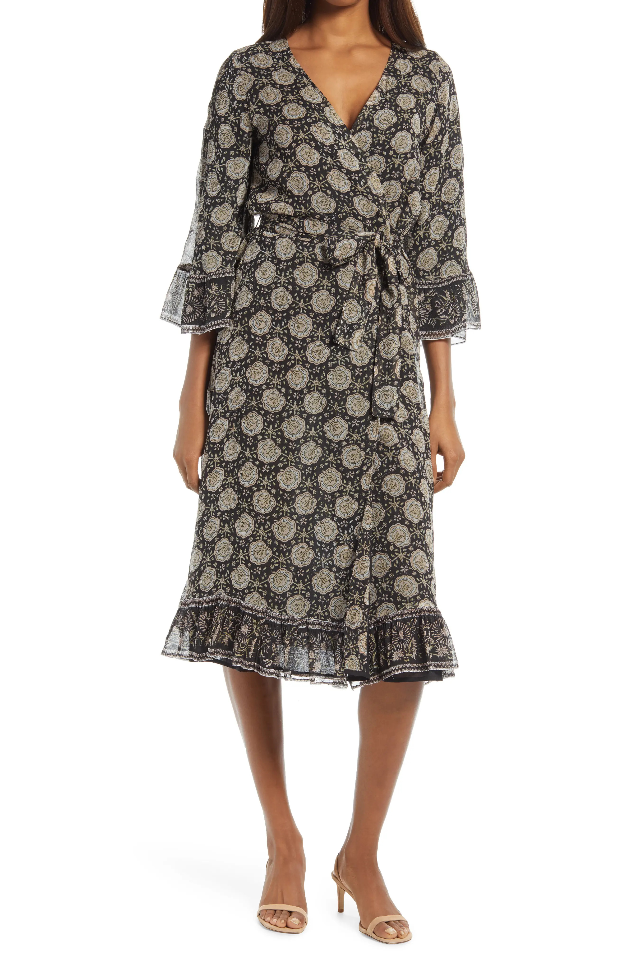 Women's Cleobella Romey Floral Midi Wrap Dress, Size Small - Black | Nordstrom