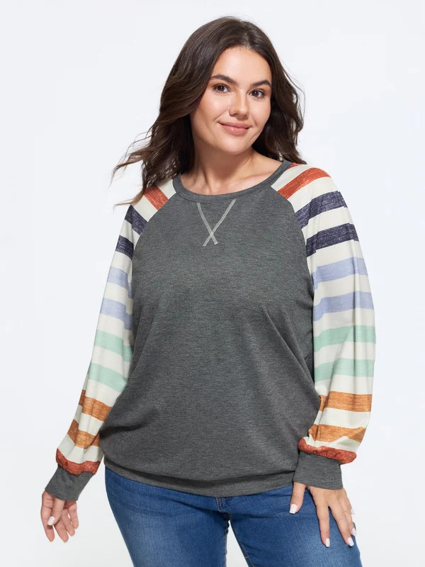 Supersoft Colorful Striped Sleeve Criss‑Cross Stitch Sweatshirt | Bloomchic