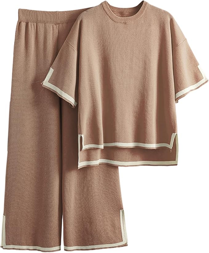 Songling Womens Casual Two Piece Outfits Sweater Sets Comfy Short Sleeve Knit Pullover Tops Wide ... | Amazon (US)