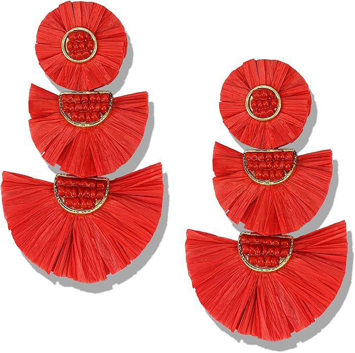 Statement Earrings Beaded Raffia Palm Bohemian Drop Dangle Earrings for women | Amazon (US)